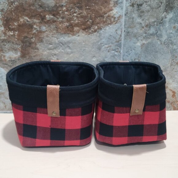 Canvas Storage Bin Basket Black Red Plaid Leather Handles Set of 2 - Picture 1 of 10